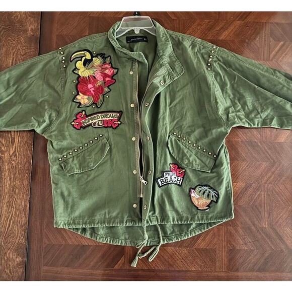 Zara Woman Green Embroidered Utility Jacket Tropical Patch Studded Oversized M - Picture 10 of 16